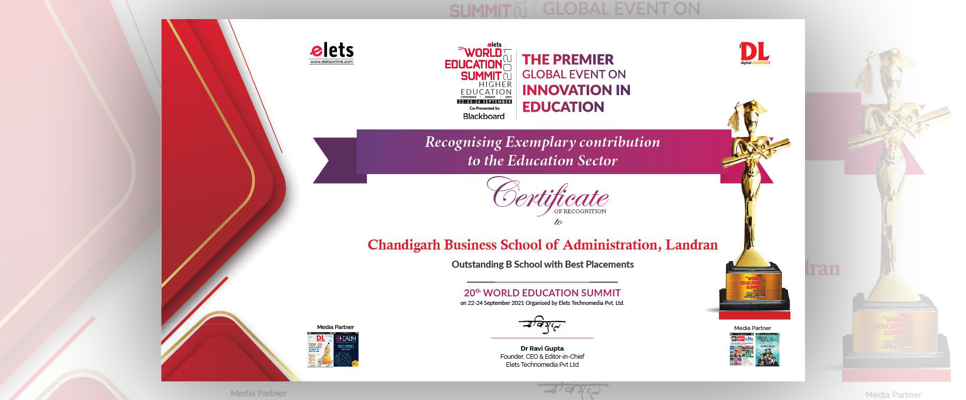 CBSA Receives A Certificate of Recognition By World Education Summit, 2021 